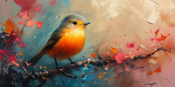 Little beautiful bird with hand draw and paint color background illustration.