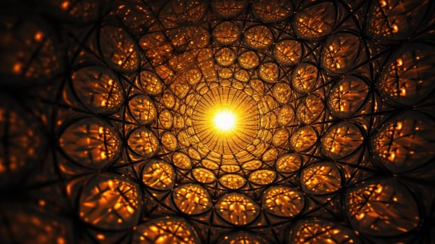 A close up of a circular structure with the sun shining through it