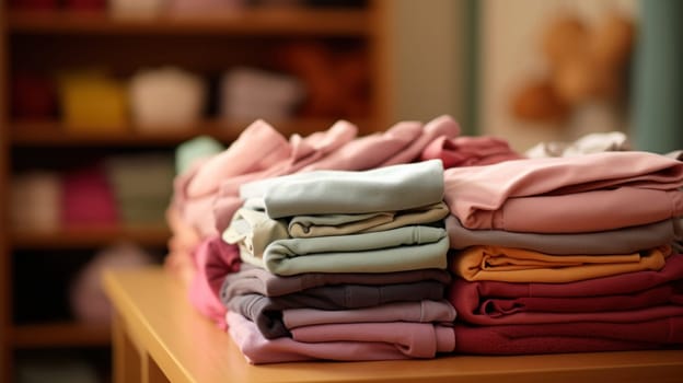 A stack of folded clothes on a wooden table in front of shelves