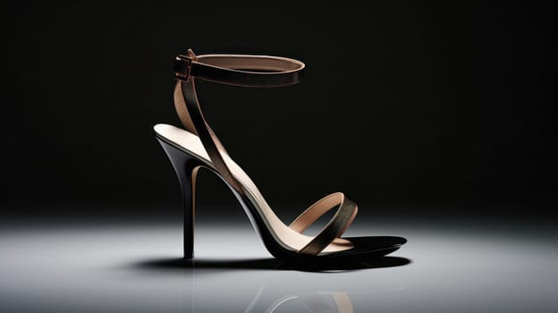 A high heeled shoe with a strap on the side