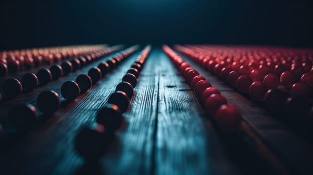 A row of red and black cherries on a wooden table