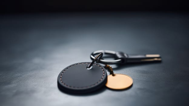 A close up of a keychain with two small metal discs
