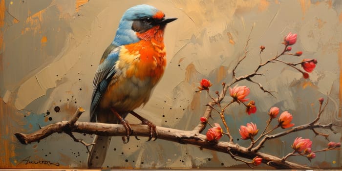 Little beautiful bird with hand draw and paint color background illustration.