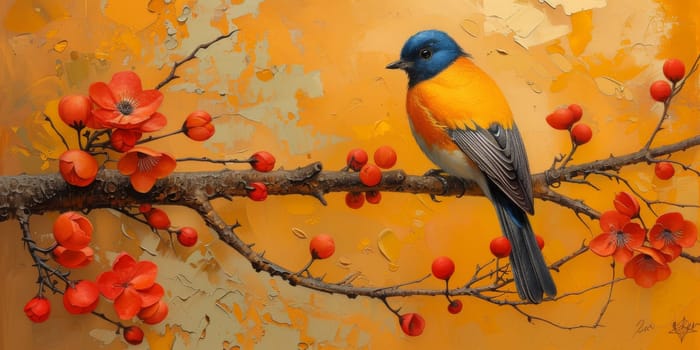 Little beautiful bird with hand draw and paint color background illustration.