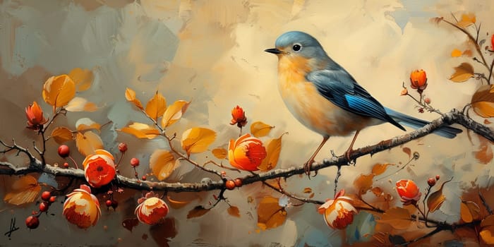 Little beautiful bird with hand draw and paint color background illustration.