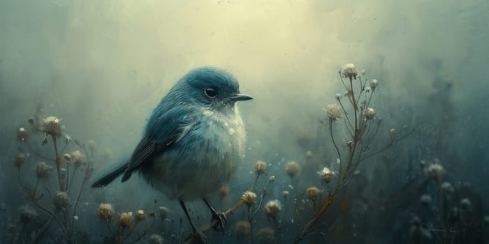 Little beautiful bird with hand draw and paint color background illustration.