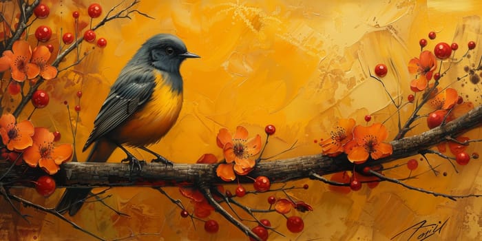 Little beautiful bird with hand draw and paint color background illustration.