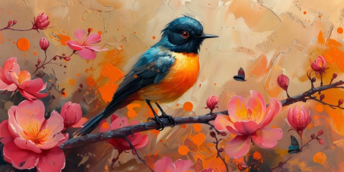 Little beautiful bird with hand draw and paint color background illustration.