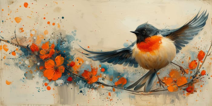 Little beautiful bird with hand draw and paint color background illustration.