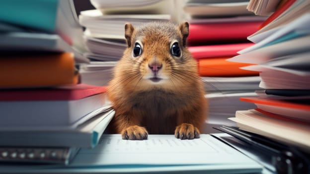 A squirrel sitting on top of a pile of books and papers