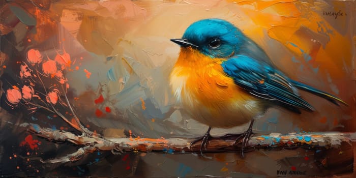 Little beautiful bird with hand draw and paint color background illustration.