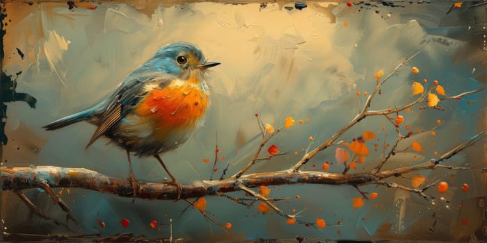 Little beautiful bird with hand draw and paint color background illustration.