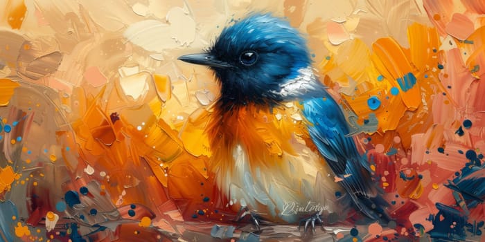 Little beautiful bird with hand draw and paint color background illustration.