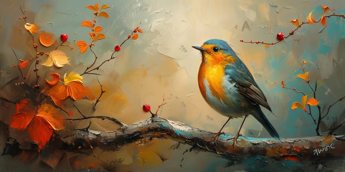 Little beautiful bird with hand draw and paint color background illustration.