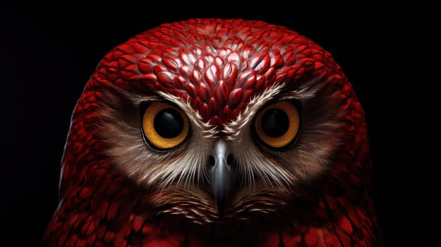 A close up of a red owl with yellow eyes and black background