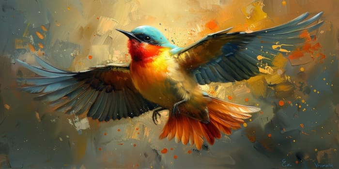 Little beautiful bird with hand draw and paint color background illustration.