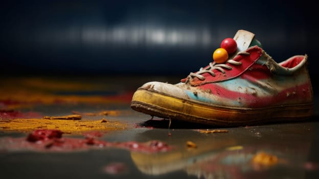 A dirty old shoe with a red and yellow paint on it