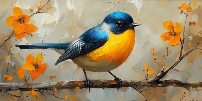 Little beautiful bird with hand draw and paint color background illustration.