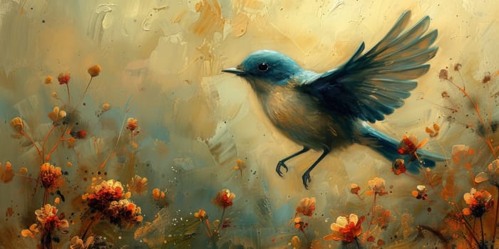 Little beautiful bird with hand draw and paint color background illustration.