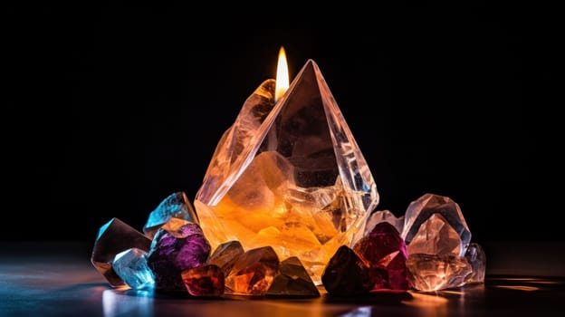 A candle is surrounded by crystals and other stones