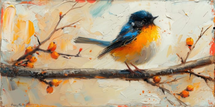 Little beautiful bird with hand draw and paint color background illustration.