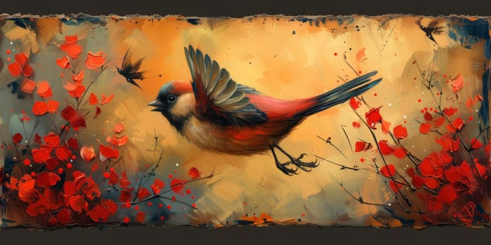 Little beautiful bird with hand draw and paint color background illustration.