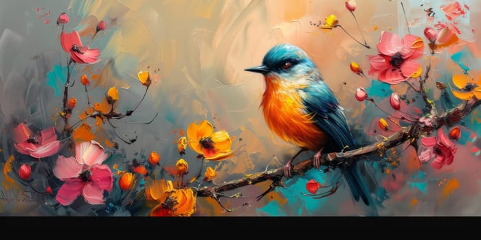 Little beautiful bird with hand draw and paint color background illustration.