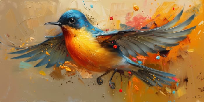 Little beautiful bird with hand draw and paint color background illustration.