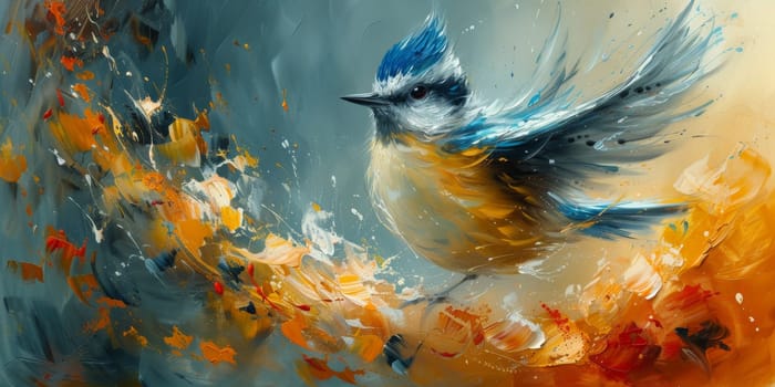 Little beautiful bird with hand draw and paint color background illustration.