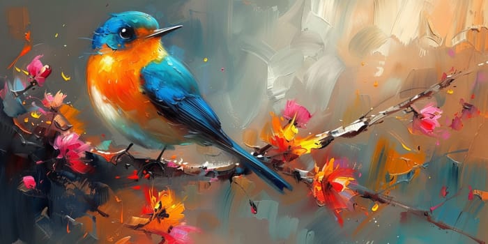 Little beautiful bird with hand draw and paint color background illustration.