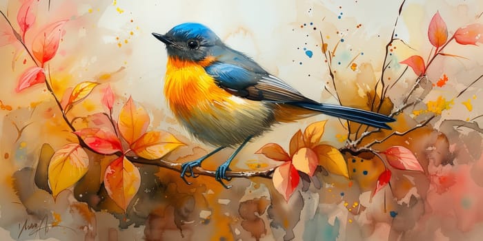 Little beautiful bird with hand draw and paint color background illustration.