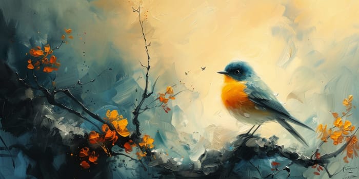 Little beautiful bird with hand draw and paint color background illustration.