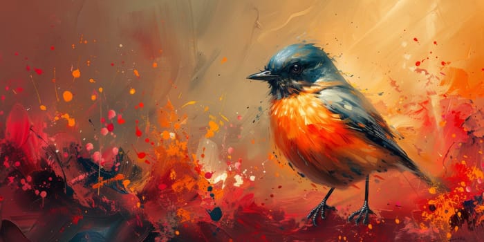 Little beautiful bird with hand draw and paint color background illustration.