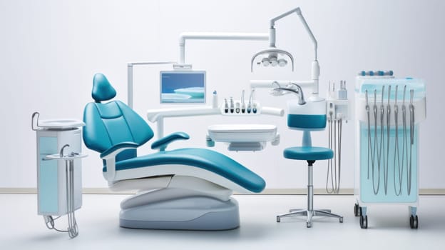 A dentist's office with a blue chair and other equipment