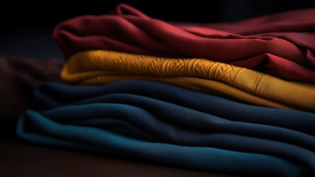 A stack of folded clothes on a table with light shining through