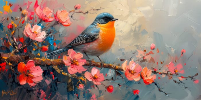 Little beautiful bird with hand draw and paint color background illustration.