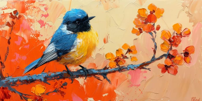 Little beautiful bird with hand draw and paint color background illustration.