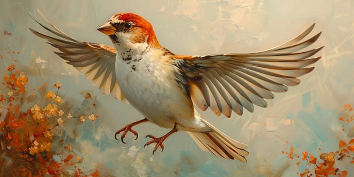 Little beautiful bird with hand draw and paint color background illustration.