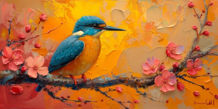 Little beautiful bird with hand draw and paint color background illustration.