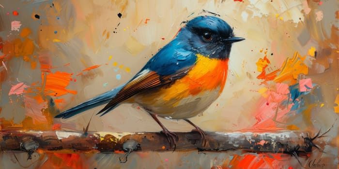 Little beautiful bird with hand draw and paint color background illustration.