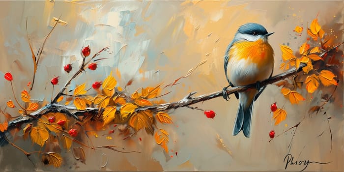 Little beautiful bird with hand draw and paint color background illustration.