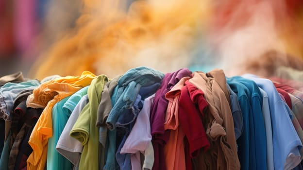 A pile of clothes with a blurry background and some colorful shirts