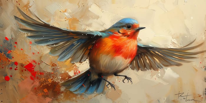 Little beautiful bird with hand draw and paint color background illustration.