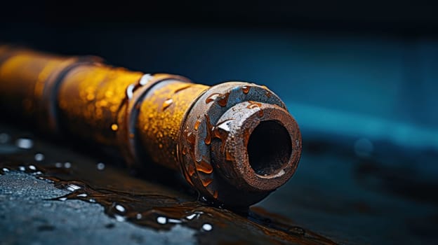 A close up of a rusty pipe with water on it