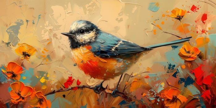 Little beautiful bird with hand draw and paint color background illustration.