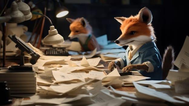 A fox is sitting at a desk with papers and books