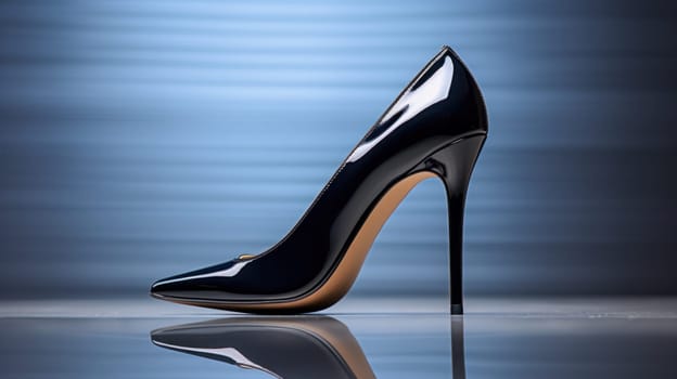 A black high heel shoe on a shiny surface with reflections