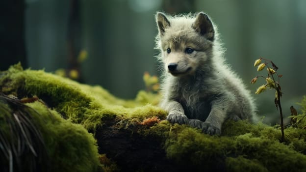 A small white wolf sitting on top of a moss covered hill