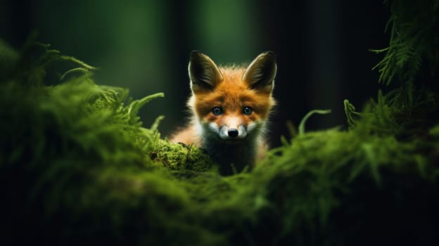 A small fox peeking out from behind a green bush