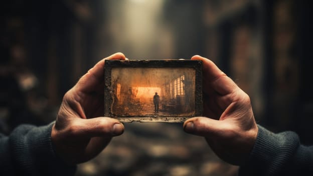 A person holding a picture of an old building in the dark